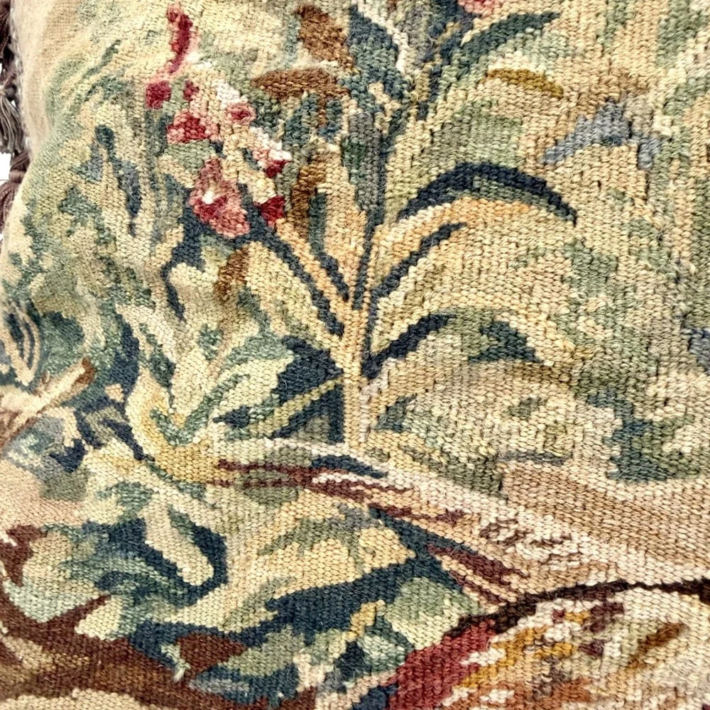 Vintage Handwoven Aubusson Pillow Cover 24x24 Wool Pheasant Floral Gold Fringe